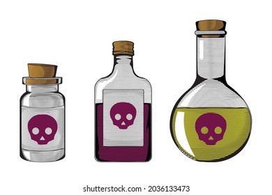 Poison bottle vintage hand-drawn, a bottle of poison vector illustration, isolated on white background, woodcut style