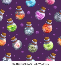 Poison bottles pattern. Fairytale elixir venom containers exact vector seamless background