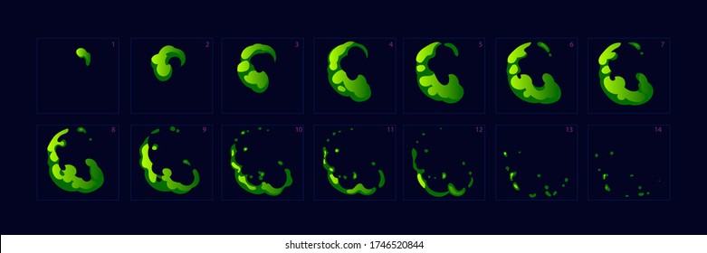 Poison burst animation effect. Animation of poison. Ready sprite sheet for game or cartoon or animation. 2d classic animation smoke effect.