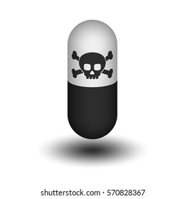 A poison capsule. Black skull and bones. Vector illustration.