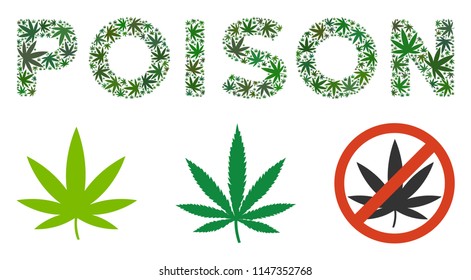 Poison caption composition of marijuana leaves in different sizes and green tinges. Vector flat hemp elements are grouped into Poison caption illustration. Drugs vector illustration.