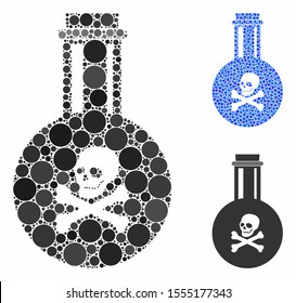 Poison composition of small circles in variable sizes and color tints, based on poison icon. Vector small circles are composed into blue illustration. Dotted poison icon in usual and blue versions.