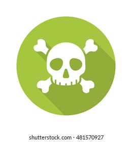 Poison danger flat design long shadow icon. Skull with crossbones. Death sign. Vector silhouette symbol