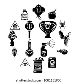 Poison danger toxic icons set. Simple illustration of 16 poison danger toxic vector icons for web