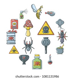 Poison danger toxic icons set. Cartoon illustration of 16 poison danger toxic vector icons for web
