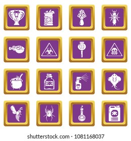 Poison danger toxic icons set vector purple square isolated on white background 