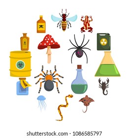 Poison danger toxic icons set. Flat illustration of 16 poison danger toxic vector icons for web