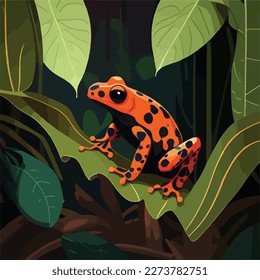 Poison dart frog on a branch in the rainforest. Tropical rainforest reptiles animals. Flat vector illustration concept