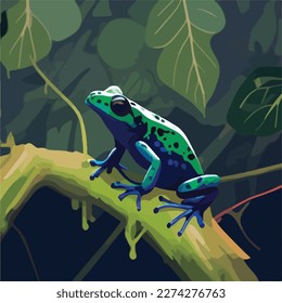 Poison dart frog on a branch in the rainforest. Tropical rainforest reptiles animals. Flat vector illustration concept