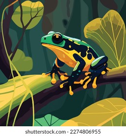 Rana de dardo venenosa en una rama de la selva tropical. Animales de los reptiles de la selva tropical. Concepto de ilustración vectorial plana