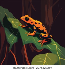 Poison dart frog on a branch in the rainforest. Tropical rainforest reptiles animals. Flat vector illustration concept