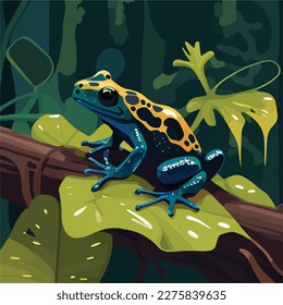 Poison dart frog on a branch in the rainforest. Tropical rainforest reptiles animals. Flat vector illustration concept