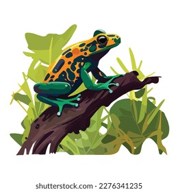 Rana de dardo venenosa en una rama de la selva tropical. Animales de los reptiles de la selva tropical. Concepto de ilustración vectorial plana