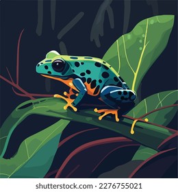 Rana de dardo venenosa en una rama de la selva tropical. Animales de los reptiles de la selva tropical. Concepto de ilustración vectorial plana