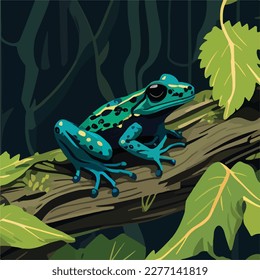 Rana de dardo venenosa en una rama de la selva tropical. Animales de los reptiles de la selva tropical. Concepto de ilustración vectorial plana