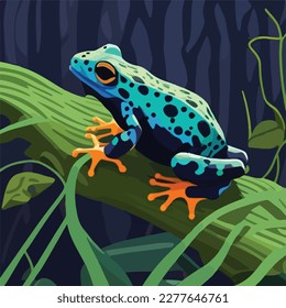 Poison dart frog on a branch in the rainforest. Tropical rainforest reptiles animals. Flat vector illustration concept