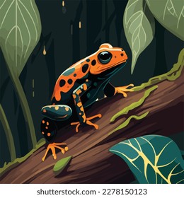 Rana de dardo venenosa en una rama de la selva tropical. Animales de los reptiles de la selva tropical. Concepto de ilustración vectorial plana