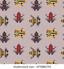 Poison dart frogs seamless pattern. Multicolored poisonous dart frogs and tree-frogs from Amazonian rainforests. Stylized geometric amphibians on repeating background for prints, textiles and fabric.