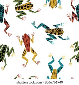 Poison Dart Frogs Vector Seamless Colorful Pattern. Cartoon geometric style