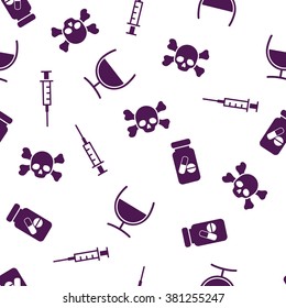 Poison Drugs Seamless vector repeatable pattern. Style is flat symbols on a white background.