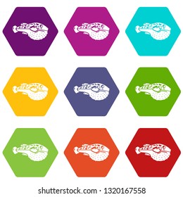 Poison fish icons 9 set coloful isolated on white for web