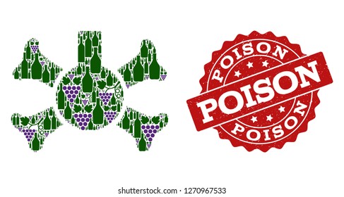 Poison flask composition of alcohol bottles and grape and grunge stamp seal. Isolated vectors in green and purple colors on a white background for bars, alcohol shop banners, ads, concepts.