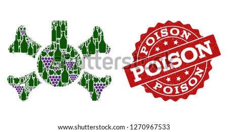 Poison flask composition of alcohol bottles and grape and grunge stamp seal. Isolated vectors in green and purple colors on a white background for bars, alcohol shop banners, ads, concepts.