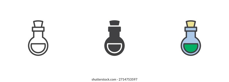 Conjunto de iconos de estilo diferente de alquimia medieval de frasco de veneno. Línea, contorno relleno e ícono de Vector de color sólido. Símbolo de poción, signo de peligro, icono de elemento mágico.