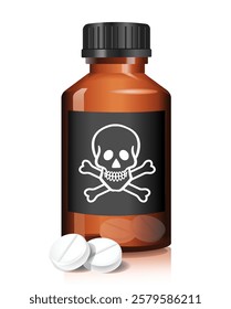 Poison. Glass bottle with pills. Vector realistic illustration