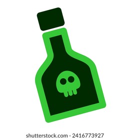 The poison is a green liquid in a glass vial. Bottle with skull warning label