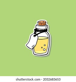 Poison hand drawn bottle with Magic Potion. Elixir sticker with white stroke. Сhemical Alchemical liquid flask cartoon vector illustration isolated on green background.