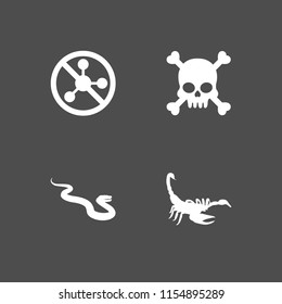 poison icon. 4 poison set with pesticide, snake, human skull with crossed bones silhouette and scorpion vector icons for web and mobile app