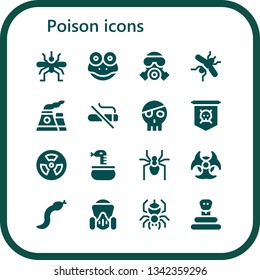 poison icon set. 16 filled poison icons.  Collection Of - Mosquito, Frog, Gas mask, Nuclear, No smoking, Skull, Jolly roger, Radioactive, Snake, Spider, Biohazard