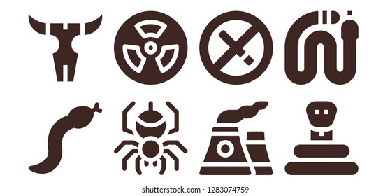  poison icon set. 8 filled poison icons. Simple modern icons about  - Snake, Skull, Spider, Radioactive, Nuclear, No smoking