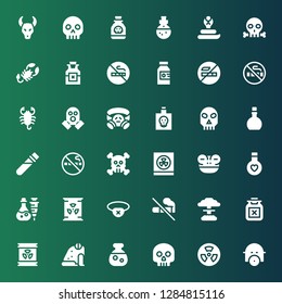 poison icon set. Collection of 36 filled poison icons included Gas mask, Nuclear, Skull, Potion, Frog, Radioactive, Poison, No smoking, Eyepatch, Elixir, Radioactivity, Scorpion