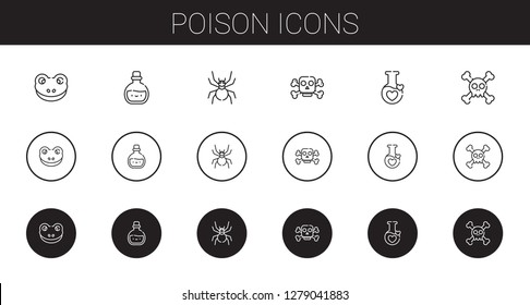 poison icons set. Collection of poison with frog, potion, spider, skull. Editable and scalable poison icons.
