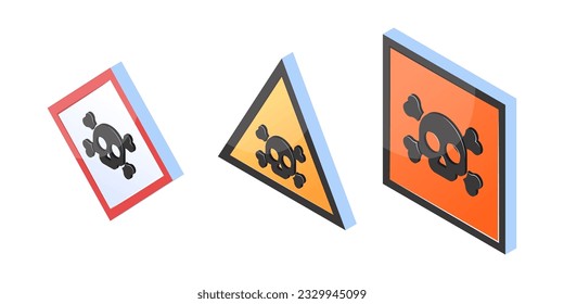 Poison isometric hazard symbols. Toxic signs, international and US. Vector illustration isolated on a white background.