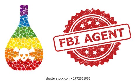 Poison jug collage icon of spheric spots in different sizes and LGBT bright color tones, and FBI Agent textured rosette seal imitation. A dotted LGBT-colored Poison jug for lesbians, gays,