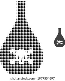 Poison jug halftone dotted icon illustration. Halftone pattern contains round elements. Vector illustration of poison jug icon on a white background. Flat abstraction for poison jug symbol.