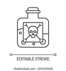 Poison linear icon. Hazardous chemicals. Venom bottle. Organic chemistry. Poisonous, harmful substance. Thin line illustration. Contour symbol. Vector isolated outline drawing. Editable stroke