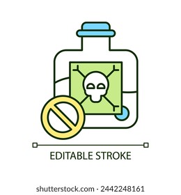 Poison liquid RGB color icon. Toxic bottle. Danger warning. Hazardous substance. Alcohol restrictions. Isolated vector illustration. Simple filled line drawing. Editable stroke. Arial font used