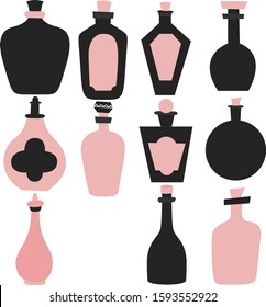 Poison And Love Potion. Set Of Magic Cartoon Bottles And Love Potions.