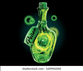 Poison in a magic bottle. A green universe in a jar illustration. Neon toxic fantasy effect. Magic liquid for medicine, science vector full of light.