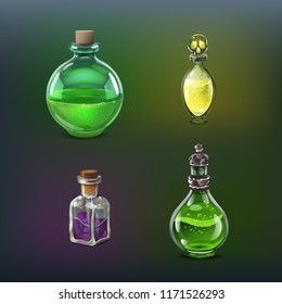 Poison magic bottles. Cartoon style game icons set