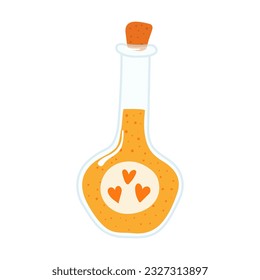 Poison, magic potion in bottle hand drawn Halloween illustration. Cartoon style flat design, isolated vector. Kids seasonal print, autumn holiday, costume party element, decoration, magic, witchcraft