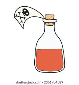 Poison, magic potion in bottle hand drawn Halloween illustration. Cartoon style line art design, isolated vector. Kids seasonal print, autumn holiday, party element, decoration, magic, witchcraft