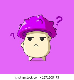 a poison mushroom character feels puzzled isolated on purple background. a poison mushroom character emoticon illustration