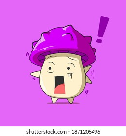 a poison mushroom character got shocked and pointed to something isolated on purple background. a poison mushroom character emoticon illustration