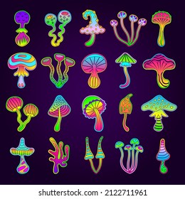 Poison mushroom. Colorful fairytale magic toxic drugs from fantasy mushroom unhealthy products recent vector botanical illustration