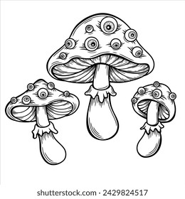 poison mushroom fly agaric, amanita vector hand drawn illustration tattoo sketch style isolated on white. Magic mushroom with eyes, hallucinations